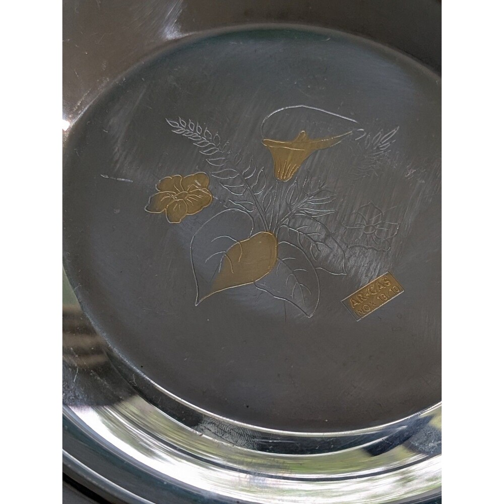 Serving Bowl Charger Dish Shiny Mirrored Floral Design w Gold Tone Handle (2) - Picture 5 of 11